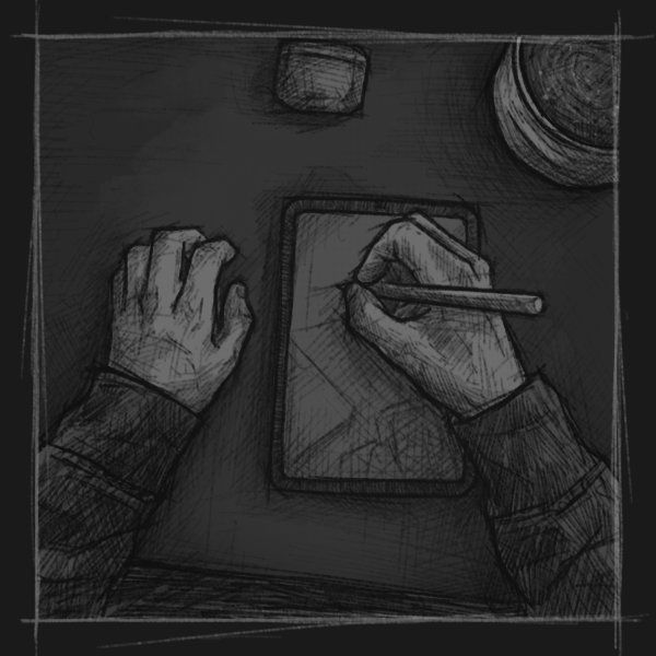 Eine skizzenhafte Illustration mit dunkler Farbgebung, die zwei gezeichnete Hände zeigt die mit einem Apple Pencil auf einem iPad zeichnen