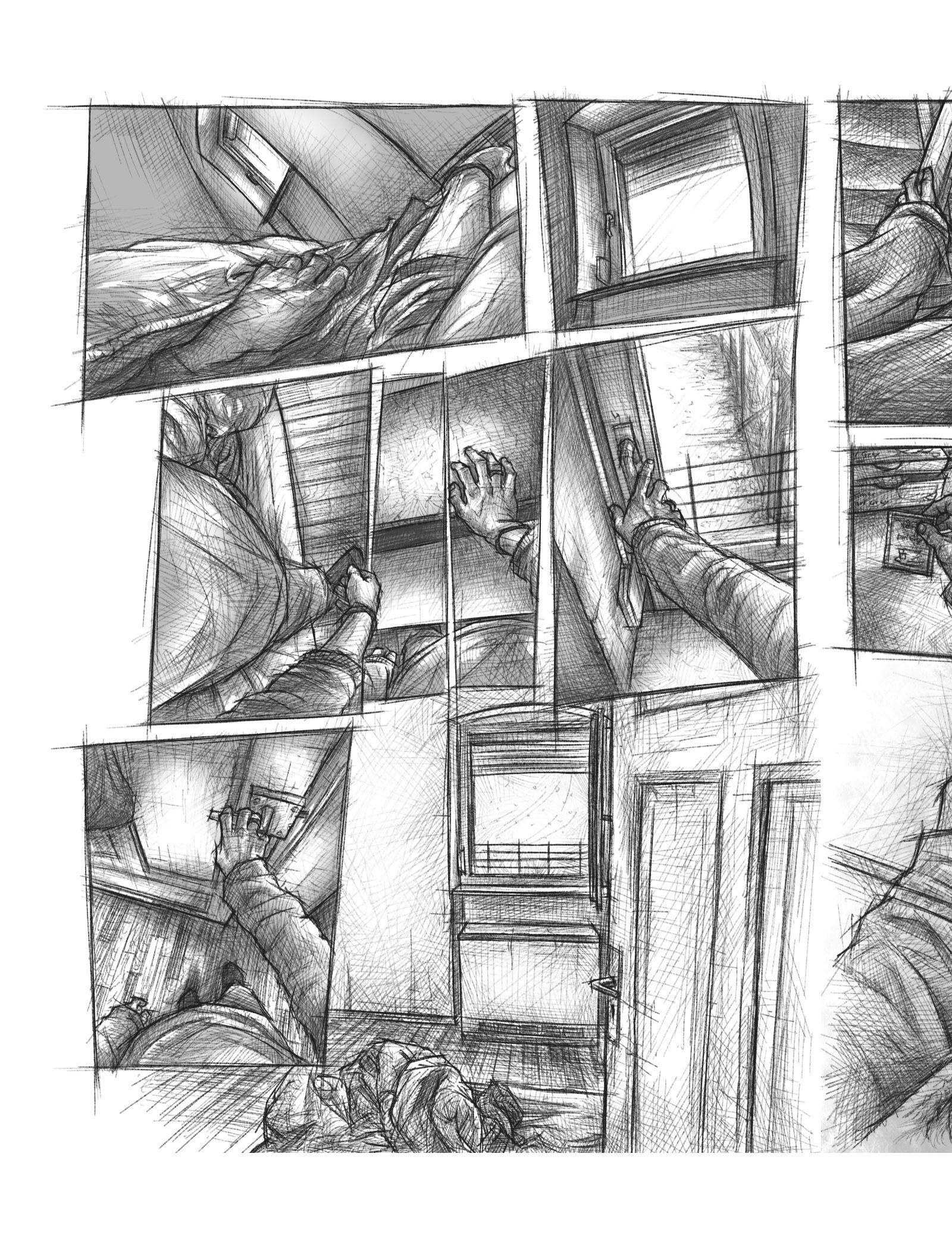 Eine Comic Seite auf der man im Skizzenstil gezeichnete Panels sieht, die aus der Egoperspektive zeigen, wie eine Person morgens aufsteht und das Fenster öffnet