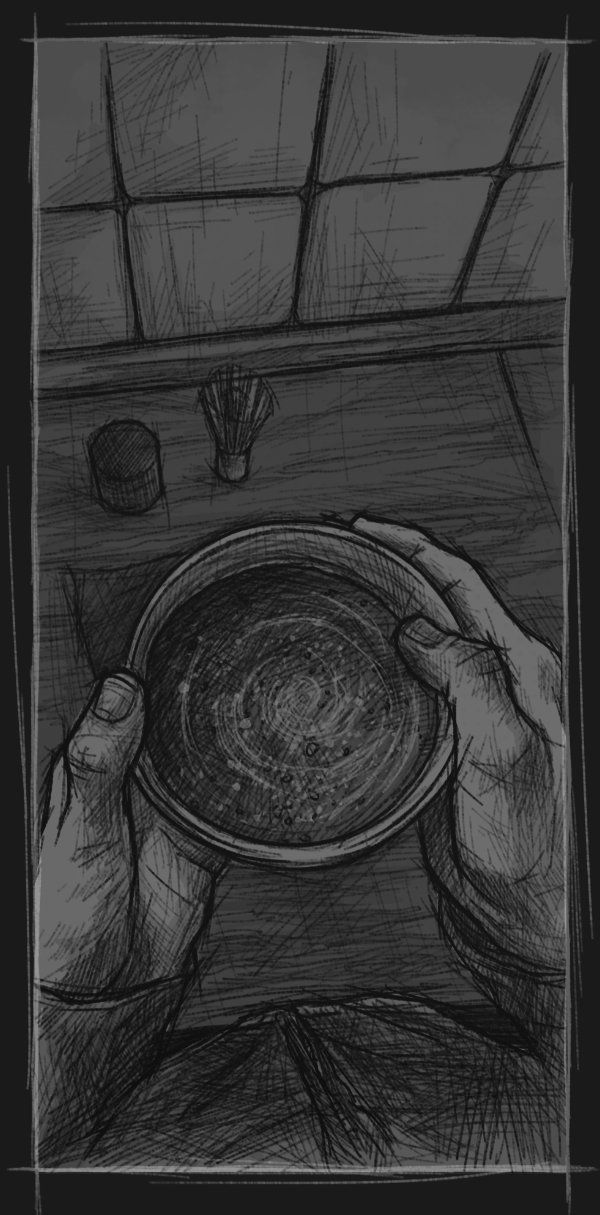 Eine skizzenhafte Illustration mit dunkler Farbgebung, die zwei Hände zeigt die eine Tee-Tasse mit Matcha-Tee halten