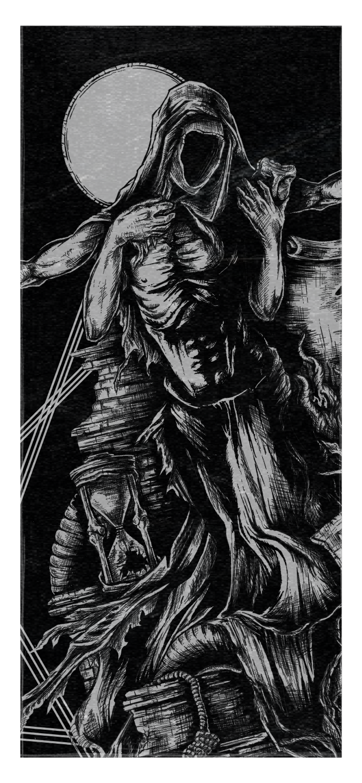 Ein Detailbild des Album Artworks zu Betrayal - Disorder Remains, das eine Statur auf dunklem Hintergrund zeigt, um die verschiedene Objekte wie ein Schild, Totenköpfe, eine Schlange, eine Fackel, eine Schriftrolle, eine Sanduhr, einen Strick und eine Mauer zeigt.