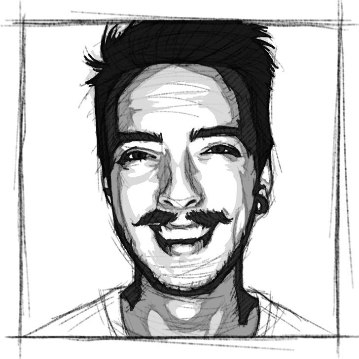 Eine detaillierte Portrait-Illustration in Schwarz Weiß von einem der Podcaster von Bildungslücken, der mit freundlichem Lächeln, kurzen Haaren und einem Schnurrbart abgebildet wird