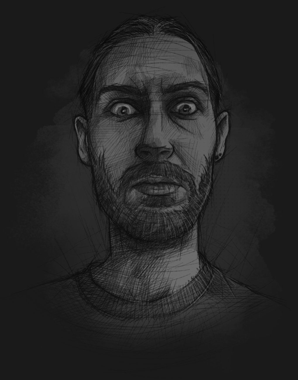Ein skizzenhaft illustriertes Selbstportrait, das den Illustrator mit Grimasse mit aufgerissenen Augen zeigt
