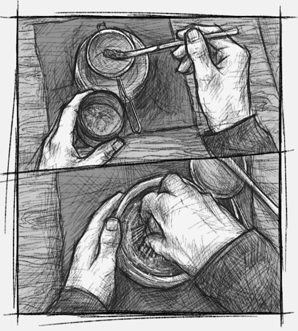 Eine skizzenhafte Illustration mit grauer Farbgebung, die zwei Hände zeigt die einen Match Tee zubereiten