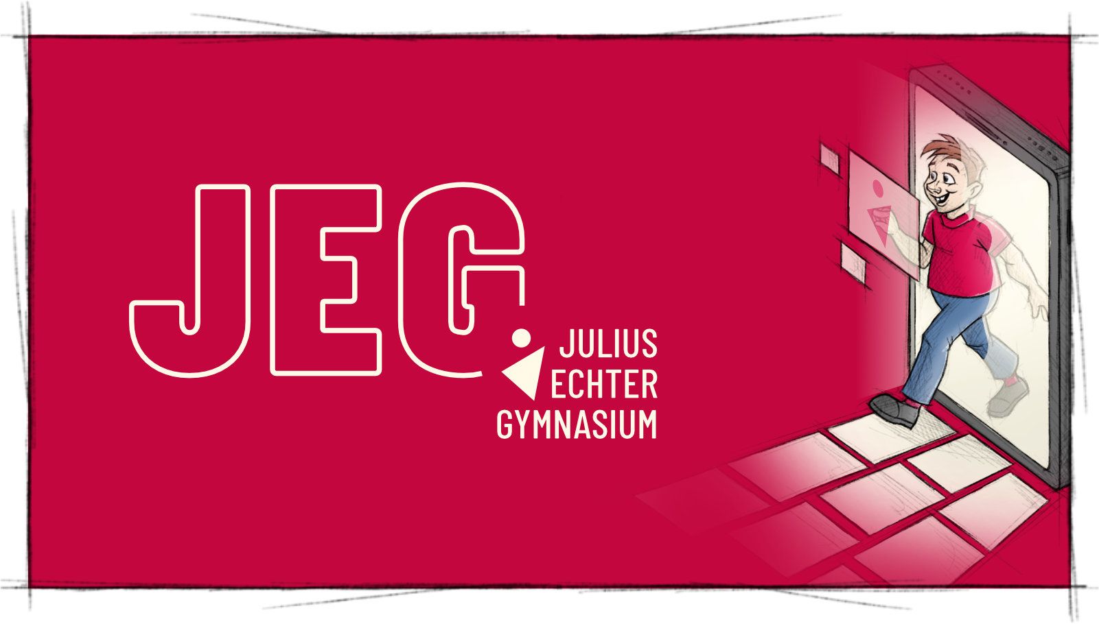 Das Titelbild der Projektvorstellung für Corporate Design für JEG Julius Echter Gymnasium zeigt eine skizzenhafte Cartoon Illustration von einem Schüler, der durch ein Smartphone Display spaziert, auf der rechten Seite