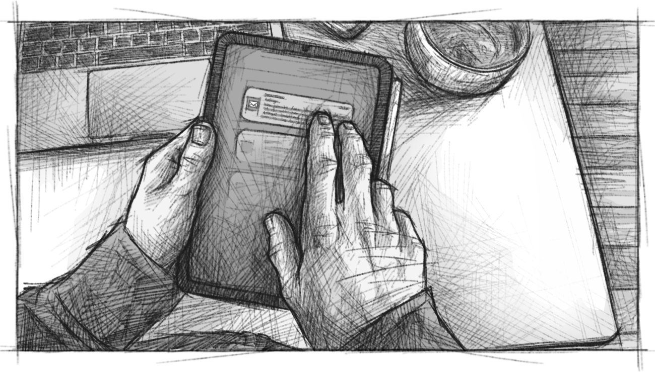 Eine skizzenhafte Illustration mit heller Farbgebung, die zwei Hände zeigt die ein iPad in der Hand halten und auf die Benachrichtigung einer neuen Mail tippen