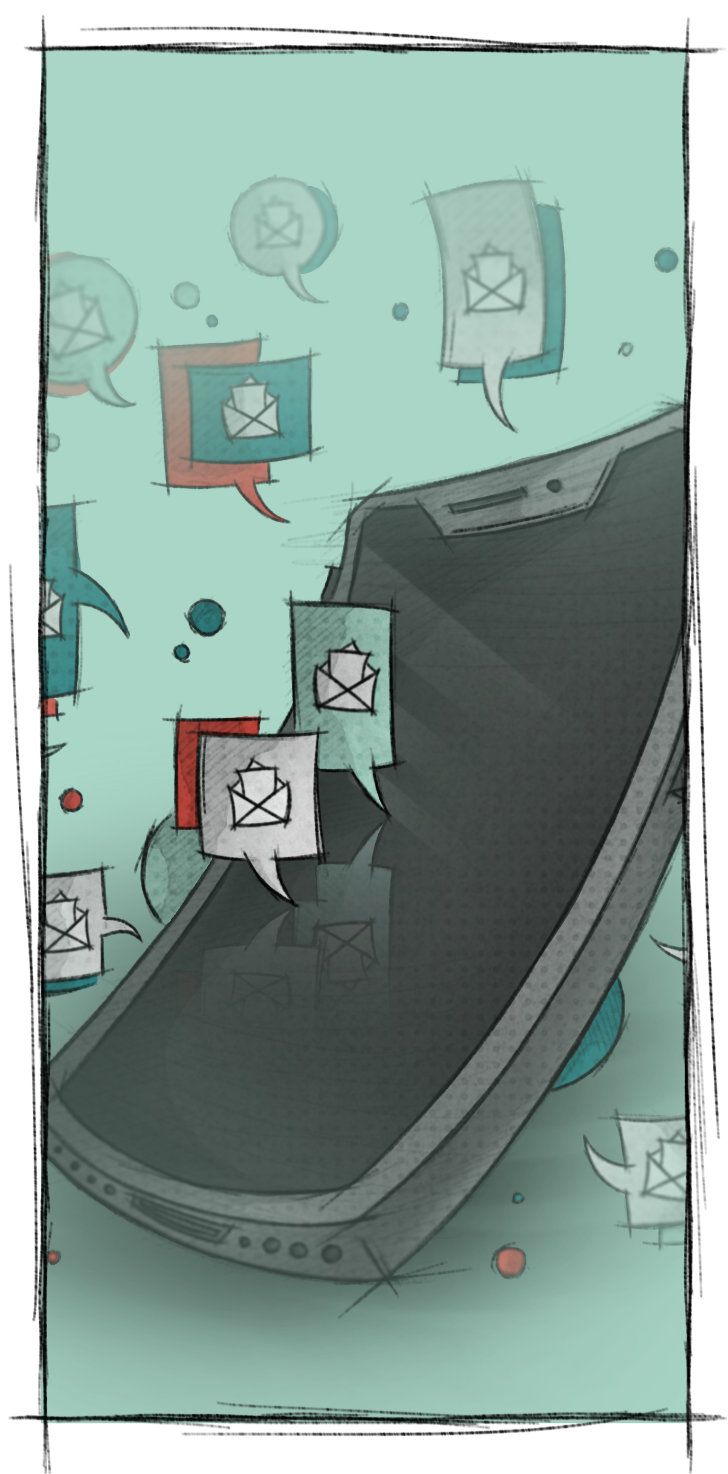 Ein Detailbild von einer Sketch-Style Illustration für AON, die ein Smartphone mit aufploppenden Sprechblasen zeigt.
