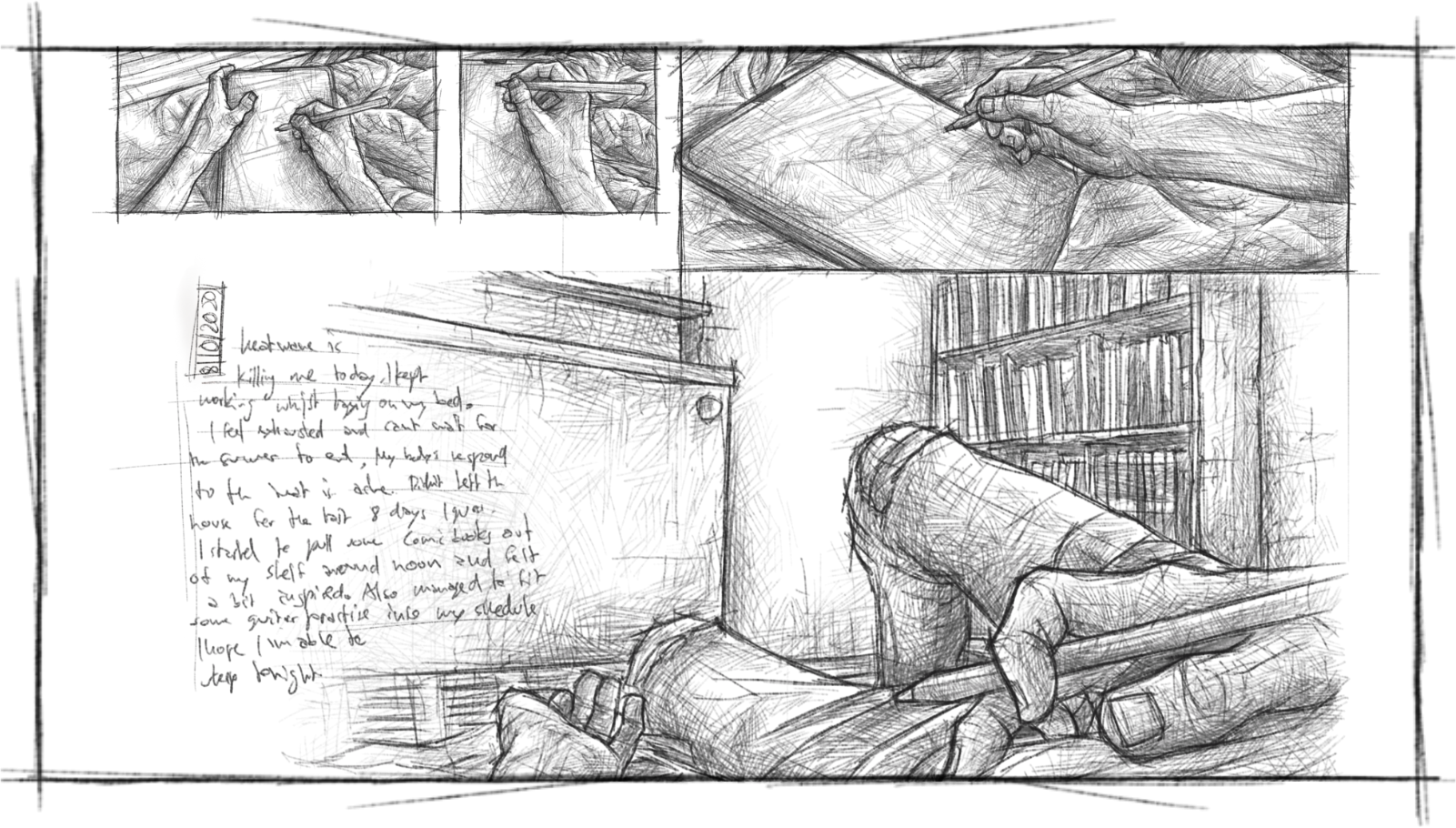 Eine Comic Seite auf der man im Skizzenstil gezeichnete Panels sieht, die aus der Egoperspektive zeigen, wie eine Person auf dem Bett liegt und mit Apple Pencil auf ein iPad zeichnet