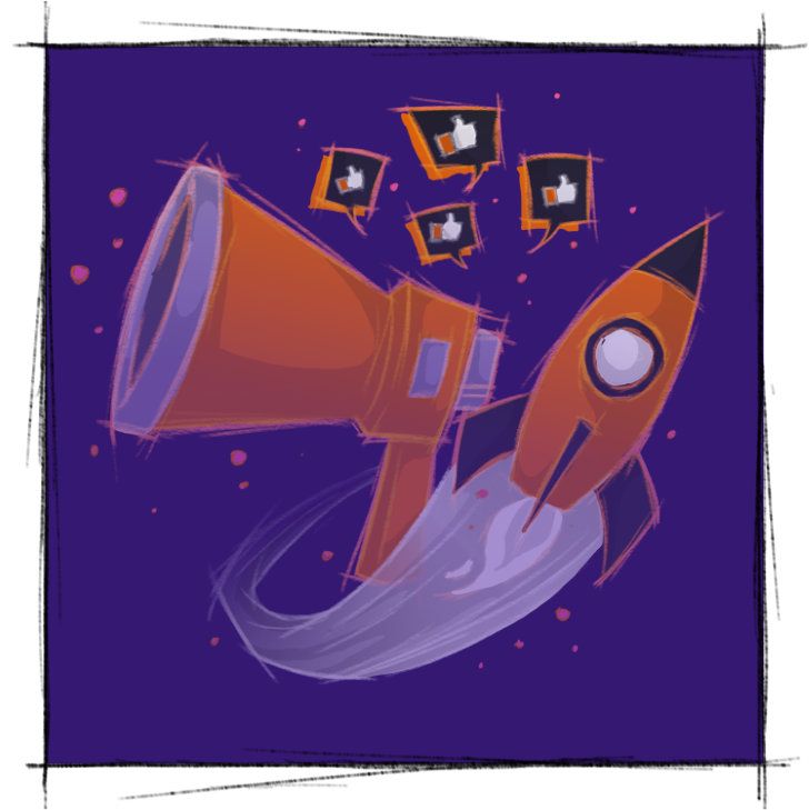 Eine Detailansicht einer Sketch-Style Illustration für Upshift Media, die eine Rakete vor einem Megafon zeigt