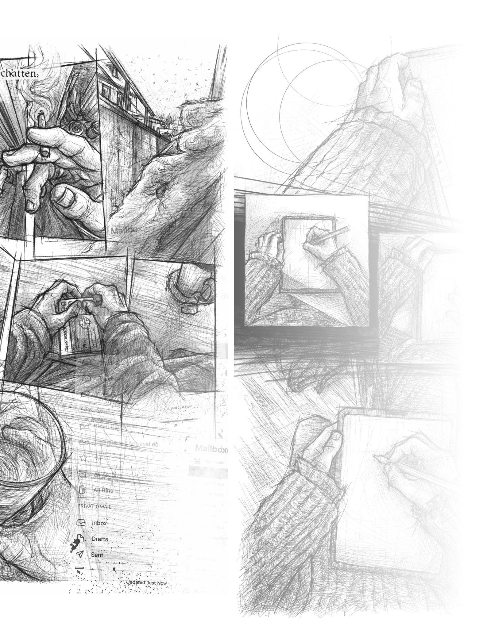 Eine Comic Seite auf der man im Skizzenstil gezeichnete Panels sieht, die aus der Egoperspektive zeigen, wie eine Person die erste Zigarette am morgen raucht