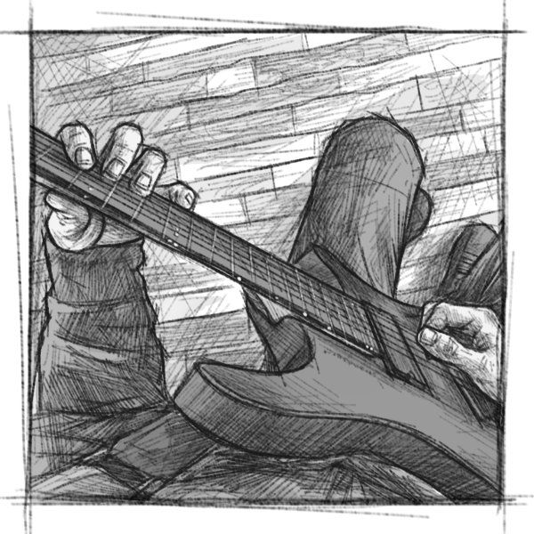Eine skizzenhafte Illustration mit heller Farbgebung, die den Illustrator aus der Ego-Perspektive beim Gitarrespielen zeigt
