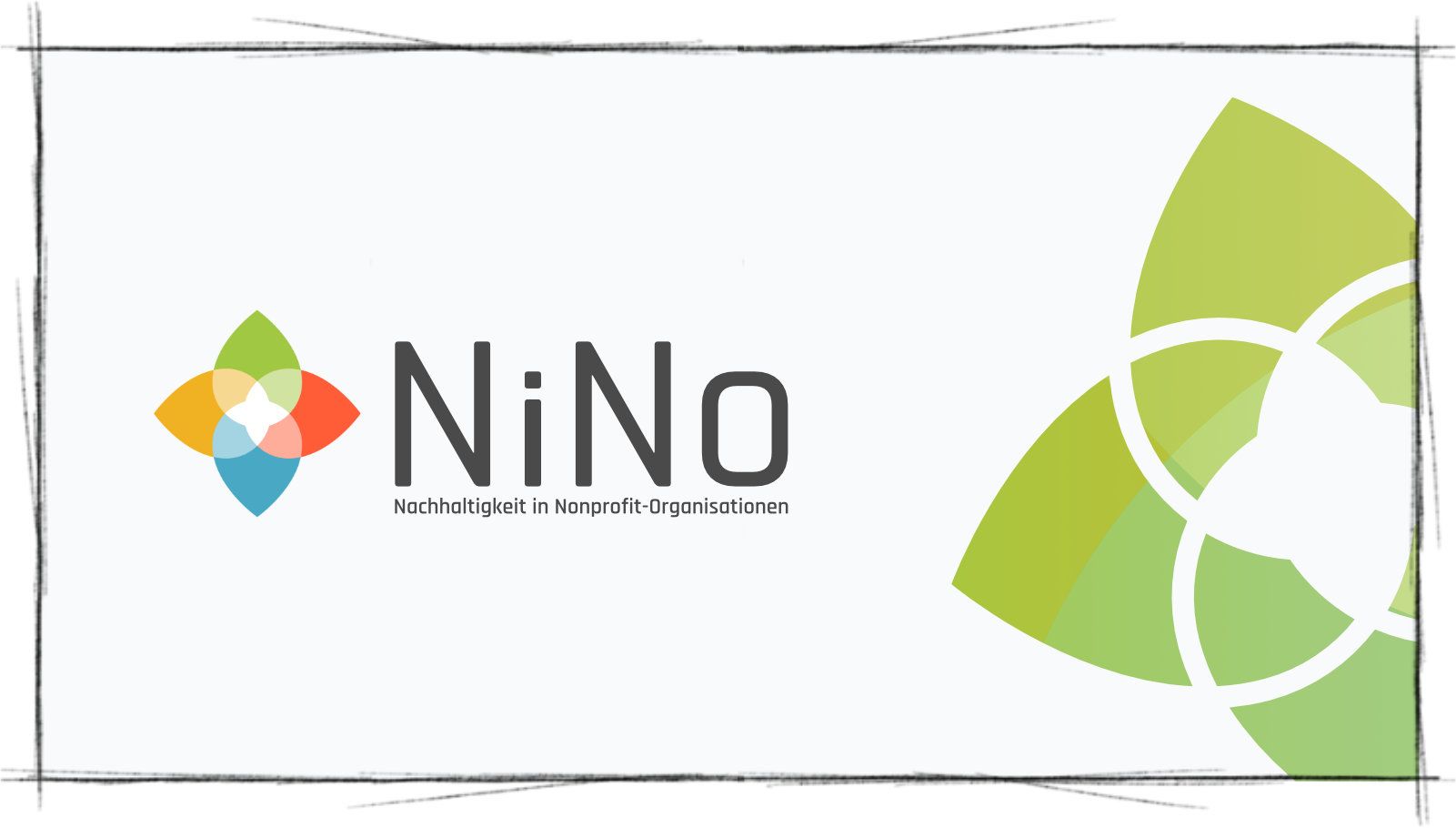Das Titelbild der Corporate Design Projekt Vorstellung von NiNo Nachhaltigkeit in Non Profit Organisationen, mit dem Nino Logo mit Schriftzug links und einer Clanen Vektor Illustration des Logos in grün rechts davon zeigt