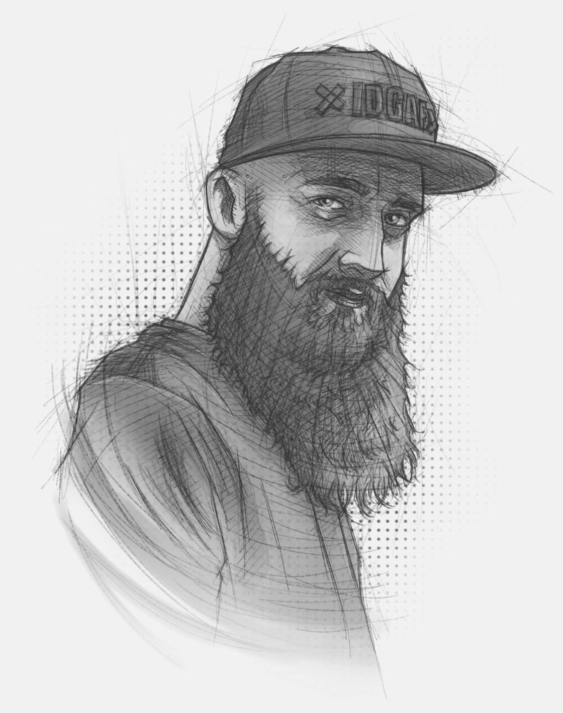 Eine skizzenhafte Portrait-Illustration, die einen Mann mit einem langen Bart und Cap zeigt