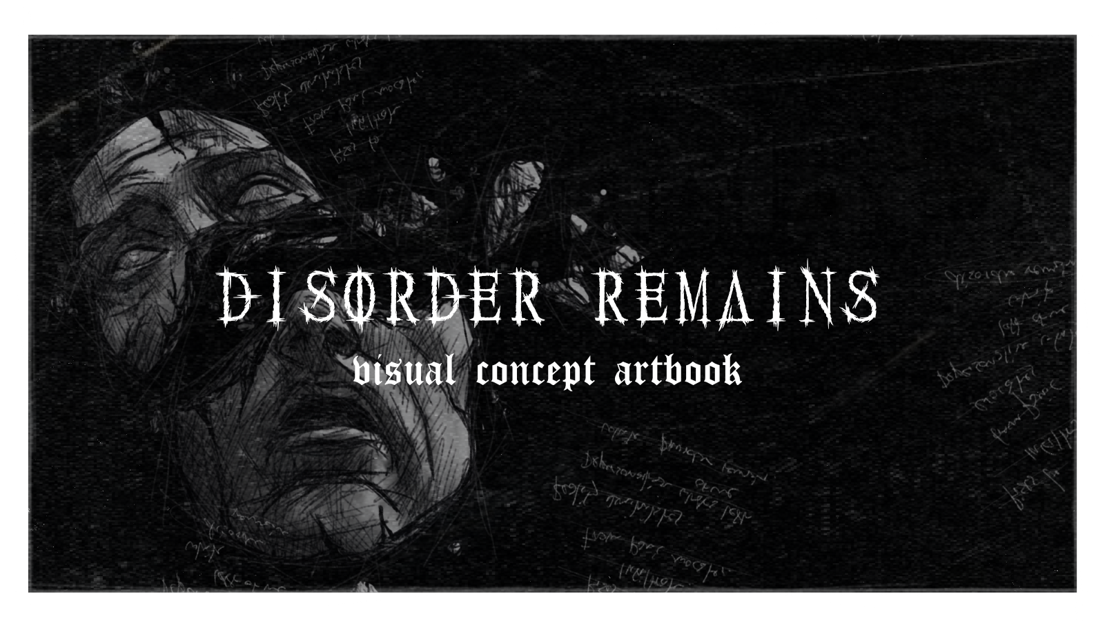 Das Titelbild zur Projektvorstellung von Betrayal - Disorder Remains Artwork, das die skizzenhafte Illustration eines zerbrochenen Statuen-Gesichts im Hintergrund des Titels zeigt