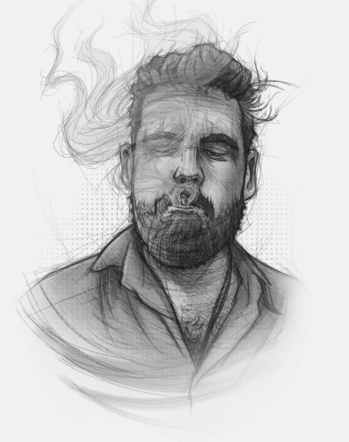 Eine skizzenhafte Portrait-Illustration, die einen rauchenden Mann mit Bart zeigt