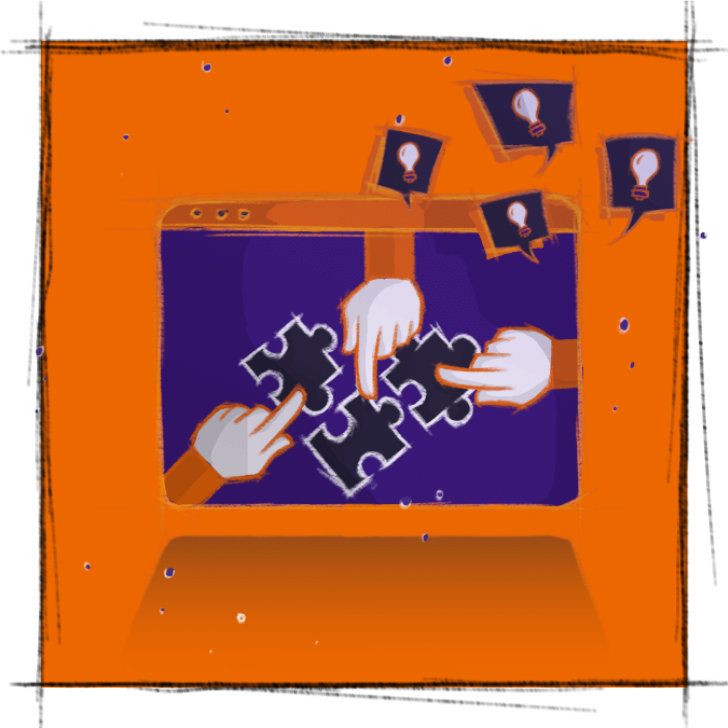Eine Detailansicht einer Sketch-Style Illustration für Upshift Media, die drei Hände zeigt, die Puzzleteile zu einem Gesamtbild zusammenschieben