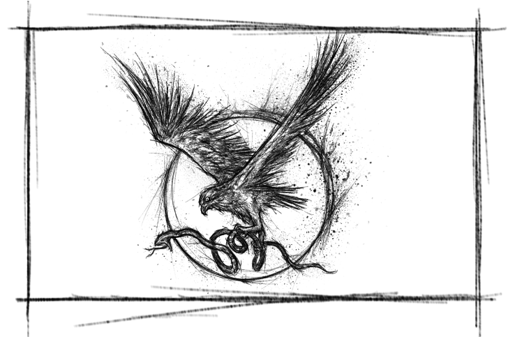 Ein skizzenhaftes Detailbild von einem Adler, der eine Schlange trägt und fliegt