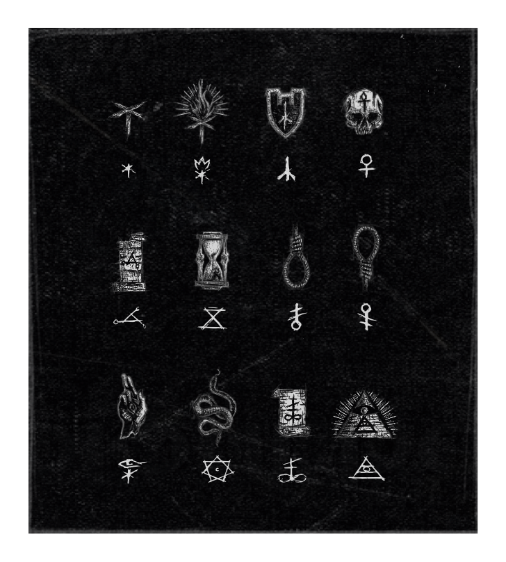 Eine Auflistung der Symbole und zugehörigen Objekte im Rahmen des Album Artworks für Betrayal - Disorder Remains