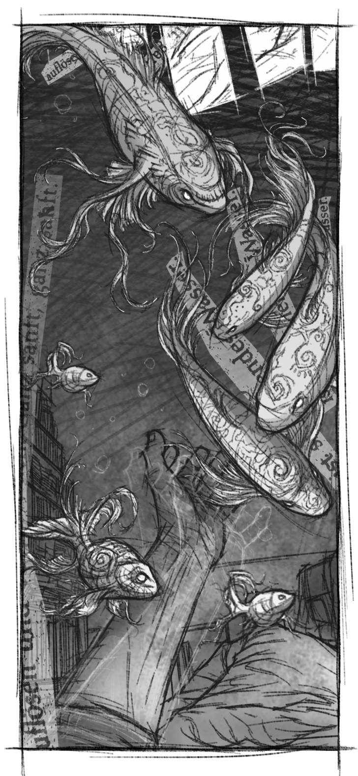 Ein Detailbild einer skizzenhaften Illustration aus der Egoperspektive, die eine liegende Person zeigt die von Fischen träumt