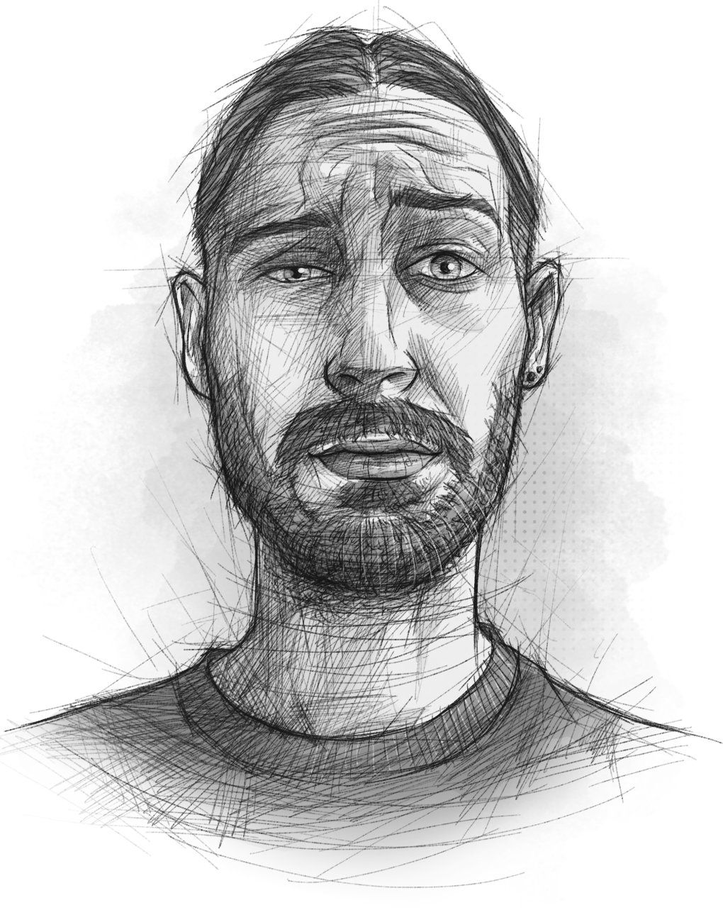 Ein skizzenhaft illustriertes Selbstportrait, das den Illustrator mit Grimasse mit verdutzten Blick zeigt