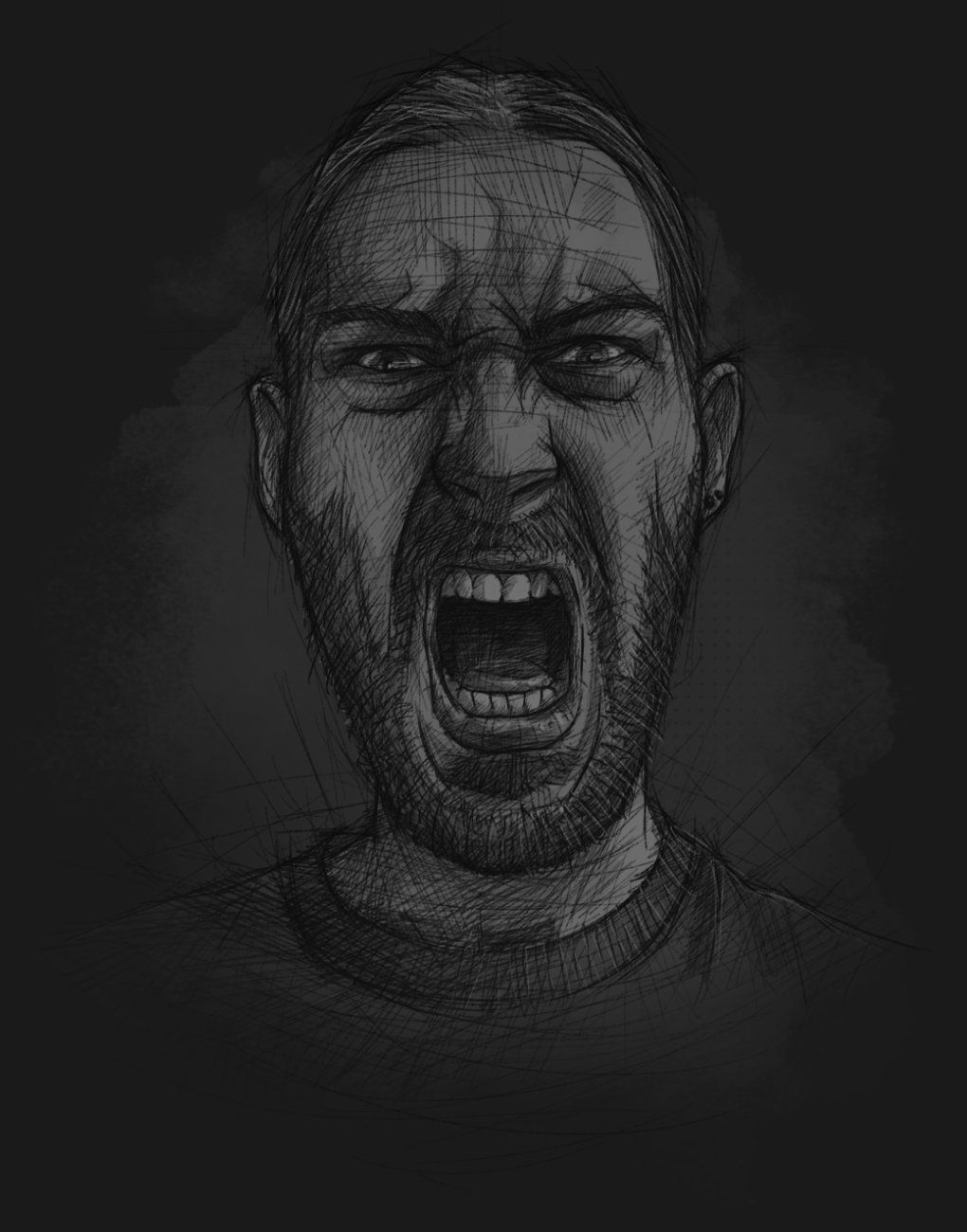 Ein skizzenhaft illustriertes Selbstportrait, das den Illustrator mit Grimasse mit einem weit aufgerissenen Mund zeigt