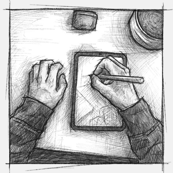 Eine skizzenhafte Illustration mit grauer Farbgebung, die zwei gezeichnete Hände zeigt die mit einem Apple Pencil auf einem iPad zeichnen