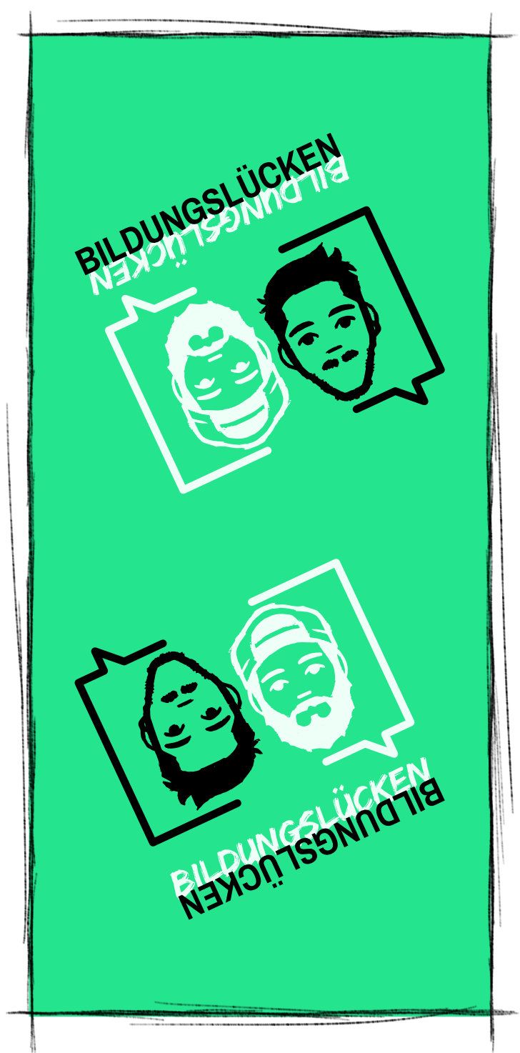 Ein Bild auf dem das Logo des BildungsLücken Podcasts, das kleine Illustrationen der Köpfe der beiden Podcaster auf grünem Hintergrund zeigt abgebildet ist