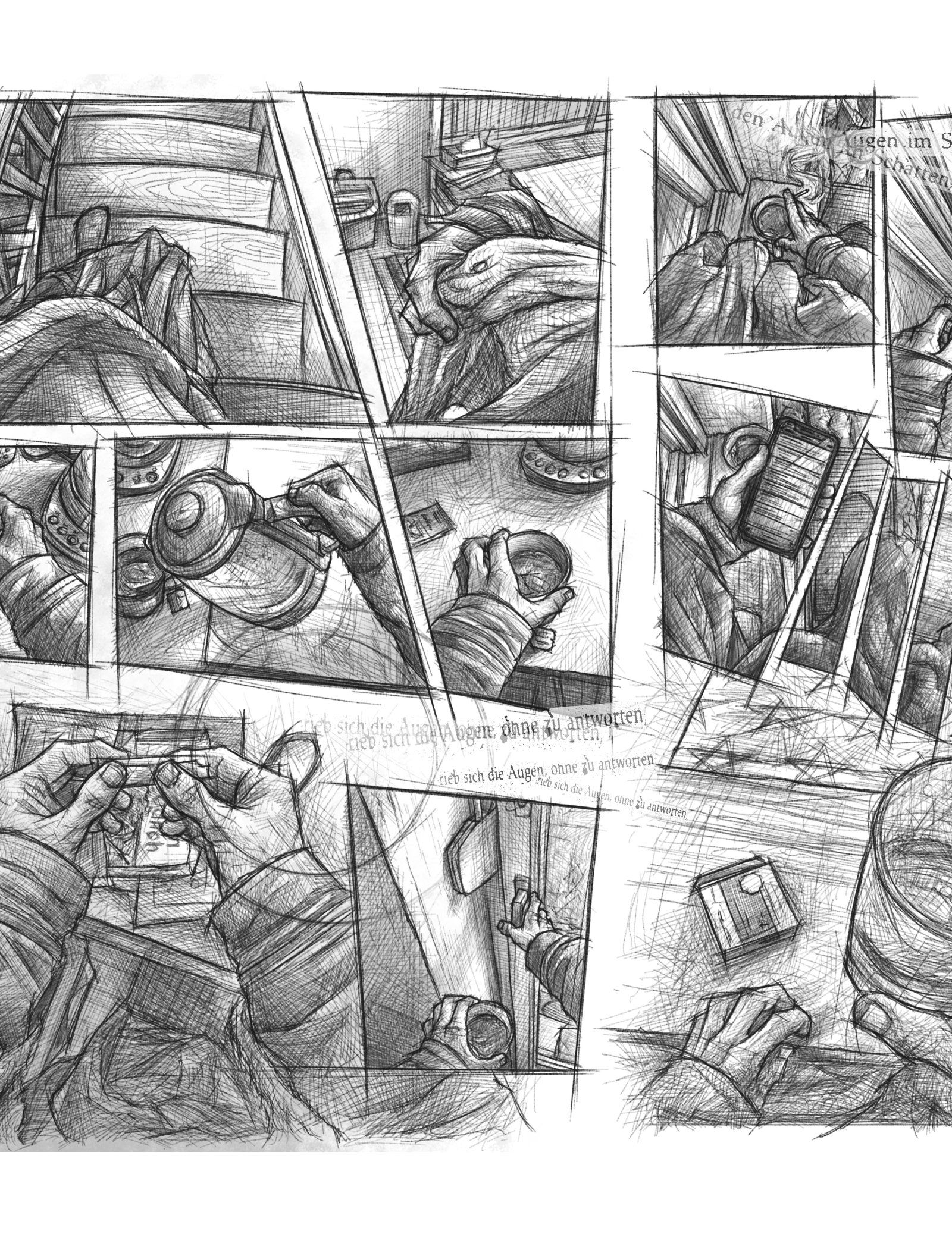 Eine Comic Seite auf der man im Skizzenstil gezeichnete Panels sieht, die aus der Egoperspektive zeigen, wie eine Person morgens die Treppe herunter läuft und sich eine Zigarette dreht