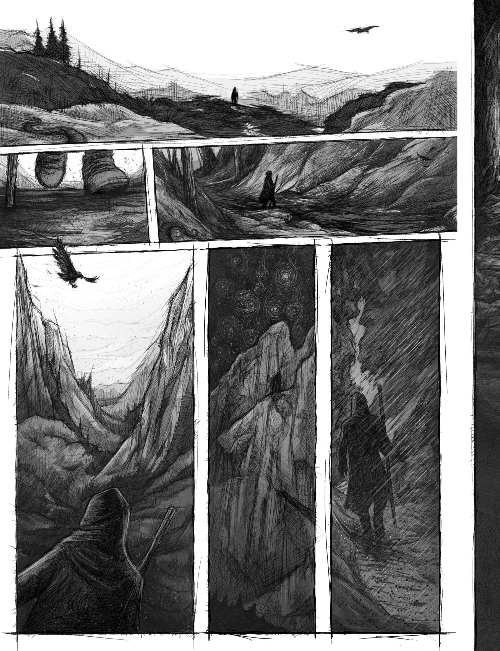 Eine Comic Seite auf der man im Skizzenstil gezeichnete Panels sieht, die den Weg einer Silhouette durch Naturlandschaft zeigen, während ein Adler am Himmel fliegt