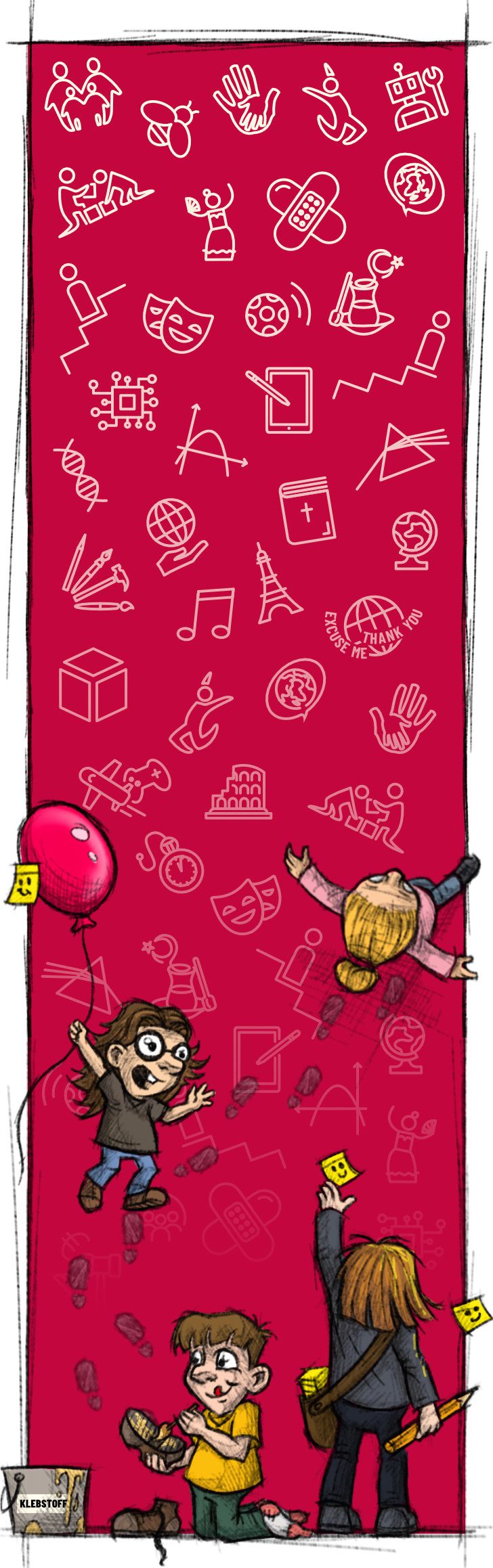 Ein hochformatiges Bild, dass skizzenhafte Illustrationen im Cartoon Style von Schülern zeigt, vor einem roten Hintergrund auf dem die Icons für JEG Julius Echter Gymnasium platziert sind