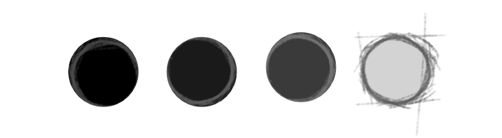 Ein Bild der vier verwendeten Farben Schwarz, Dunkelgrau, Grau und Hellgrau für das Artwork Projekt für Betrayal - Disorder Remains