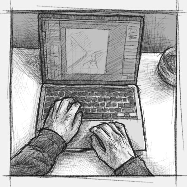 Eine skizzenhafte Illustration mit grauer Farbgebung, die zwei gezeichnete Hände die an einem Laptop arbeiten zeigt