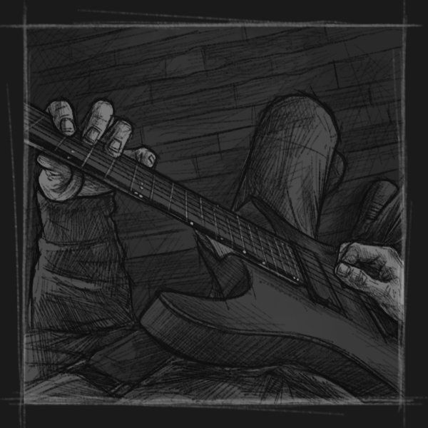 Eine skizzenhafte Illustration mit dunkler Farbgebung, die den Illustrator aus der Ego-Perspektive beim Gitarrespielen zeigt