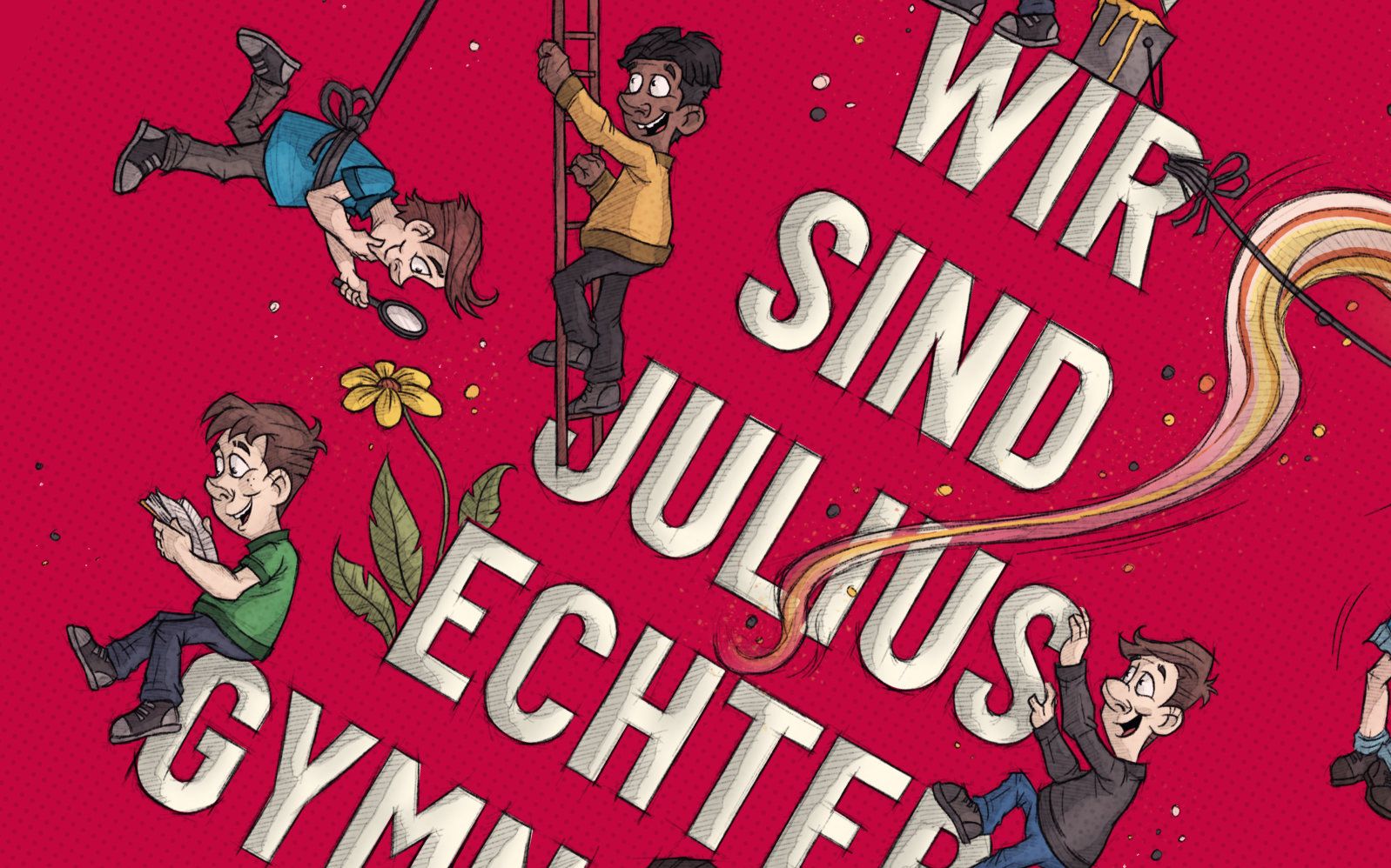Ein Ausschnitt einer großformatigen Illustration für JEG Julius Echter Gymnasium, das viele Schüler im Cartoon Style zeigt, die auf den Buchstaben der Worte "Wir Sind Julius Echter Gymnasium" herumturnen.