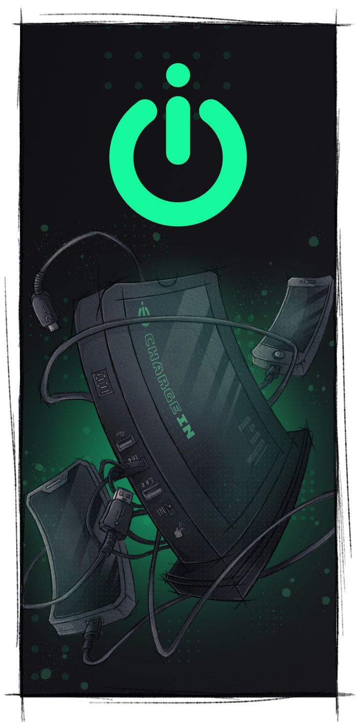 Ein hochformatiges Bild, das das Logo von Charge in in Grün und eine dynamische Sketch-Style Illustration eines Geräts mit Smartphones zeigt