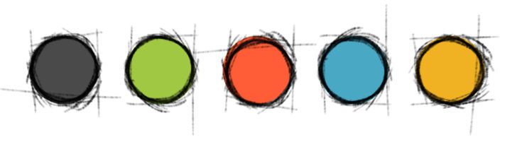 Ein Bild der fünf verwendeten Farben Grau, Grün, Rot, Blau und Gelb für das Corporate Design Projekt für NiNo Nachhaltigkeit in Non Profit Organisationen