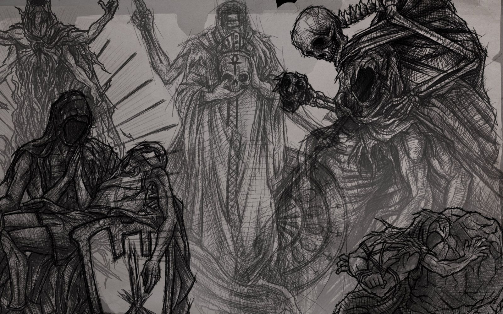 Ein Teil einer Detailaufnahme der Innenseiten des Artbooks zu Betrayal - Disorder Remains, auf dem Gekritzel über einem dunklem Hintergrund erkennbar ist