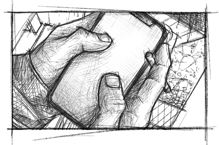 Ein Detailbild einer skizzenhaften Illustration von zwei Händen, die ein Smartphone halten