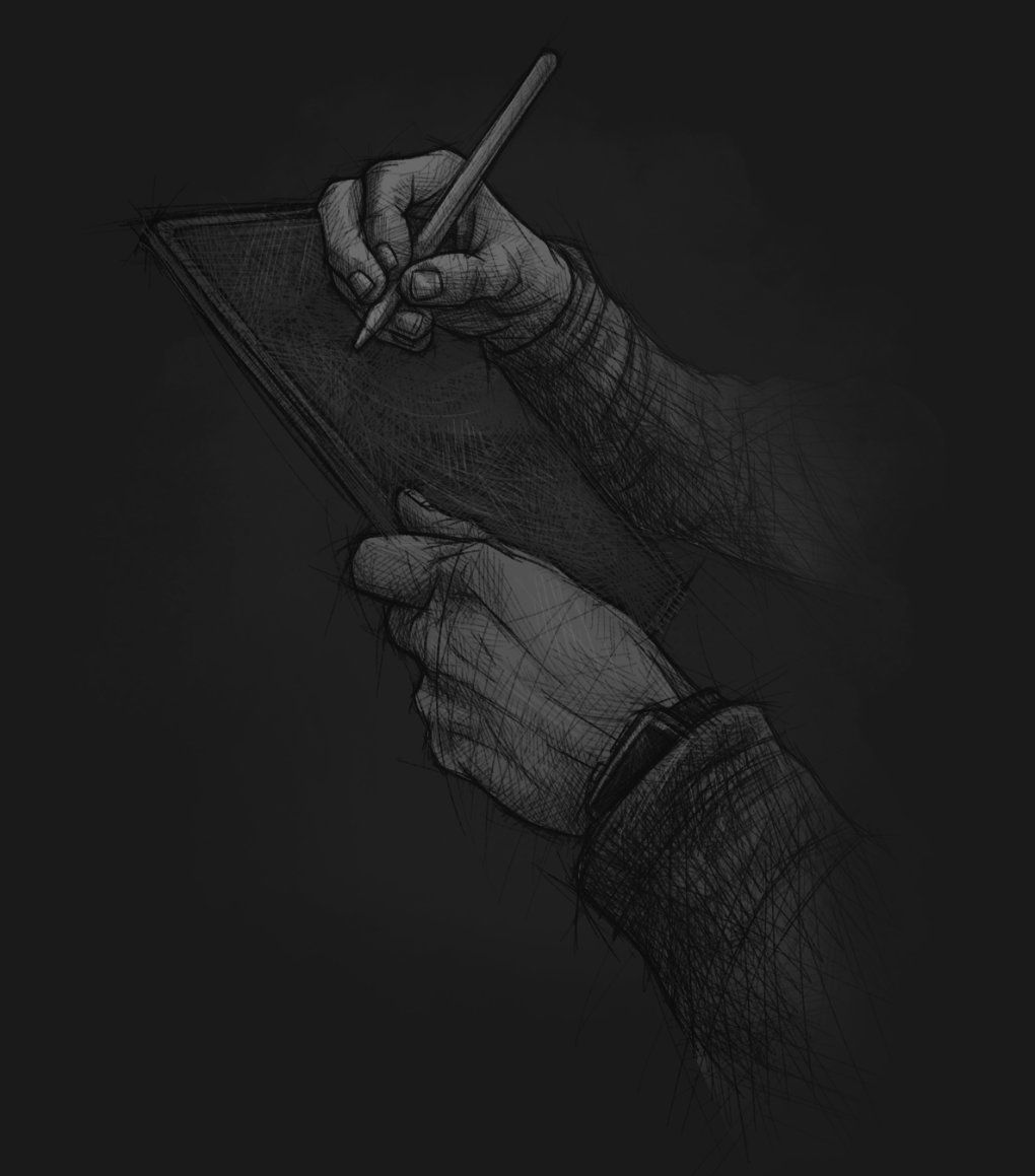 Eine skizzenhafte Illustration mit dunkler Farbgebung und einem grauen Farbspritzer im Hintergrund, die zwei gezeichnete Hände zeigt die mit einem Apple Pencil auf einem iPad zeichnen