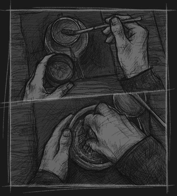 Eine skizzenhafte Illustration mit dunkler Farbgebung, die zwei Hände zeigt die einen Match Tee zubereiten