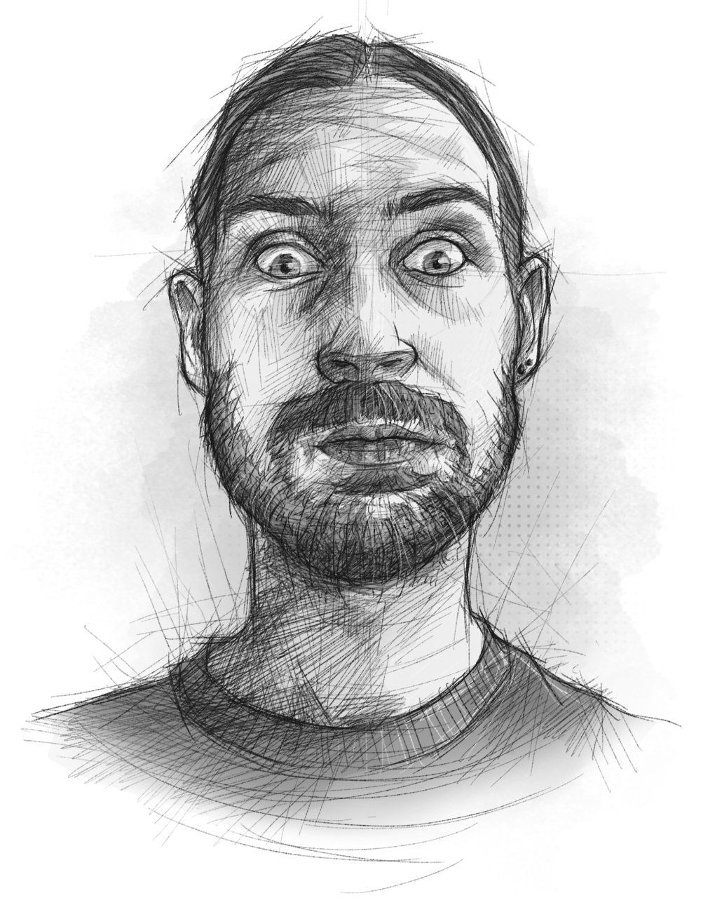 Ein skizzenhaft illustriertes Selbstportrait, das den Illustrator mit Grimasse mit aufgeblasenen Backen und aufgerissenen Augen zeigt