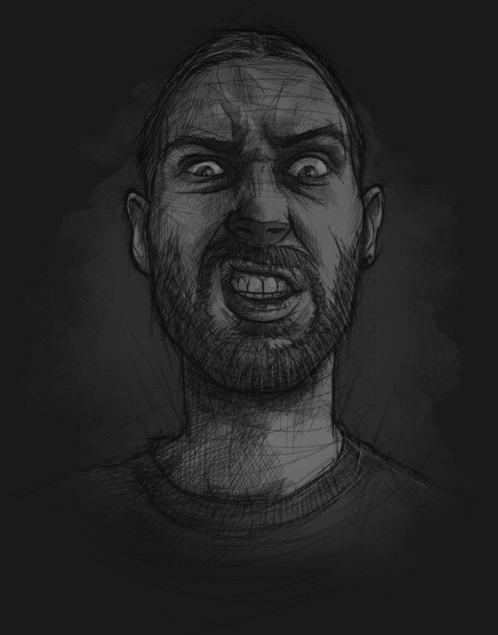 Ein skizzenhaft illustriertes Selbstportrait, das den Illustrator mit Grimasse mit einem angriffslustigen Gesicht zeigt