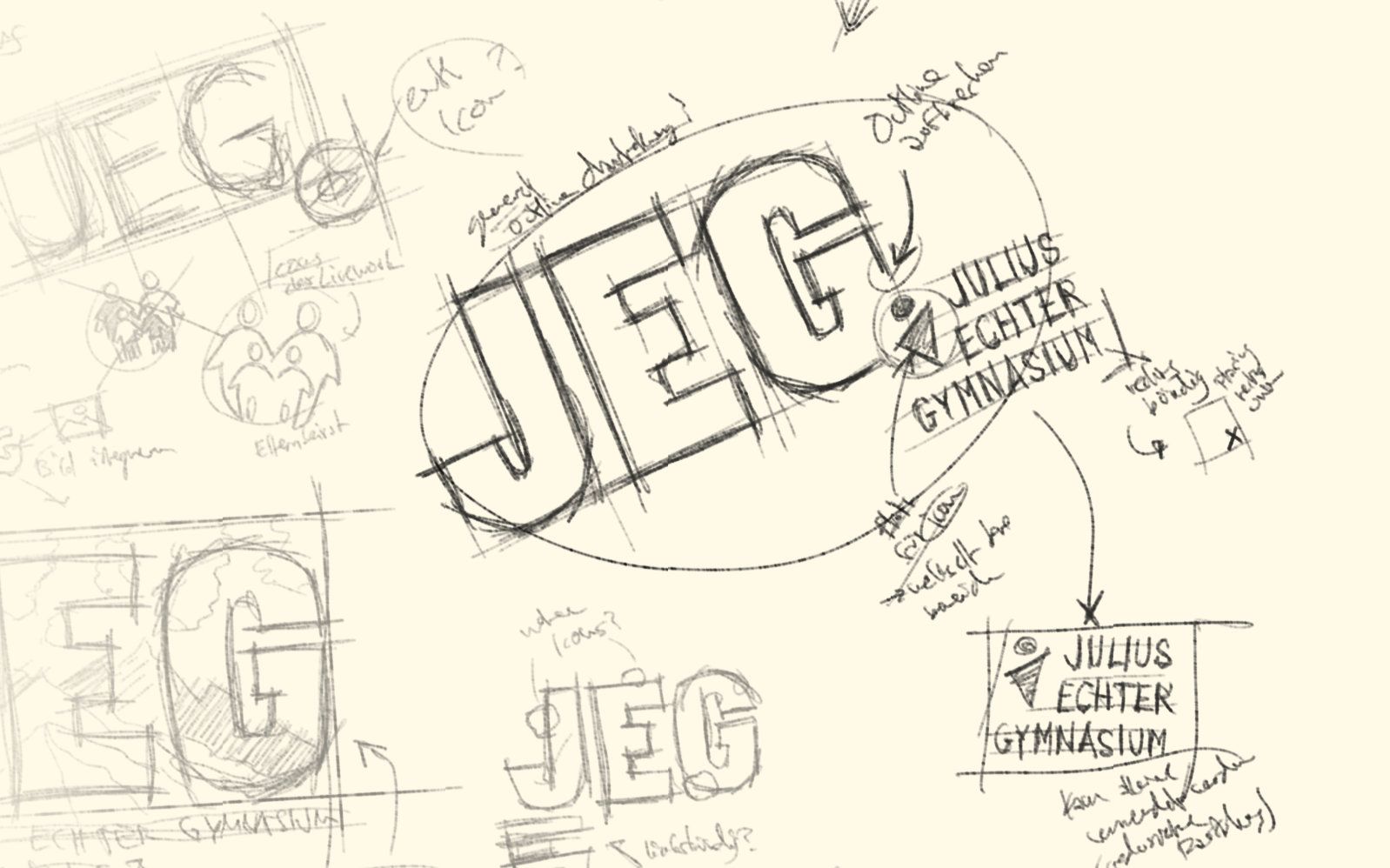 Ein Detailbild, das den Logo-Design Prozess für JEG Julius Echter Gymnasium anhand von Skizzen zeigt
