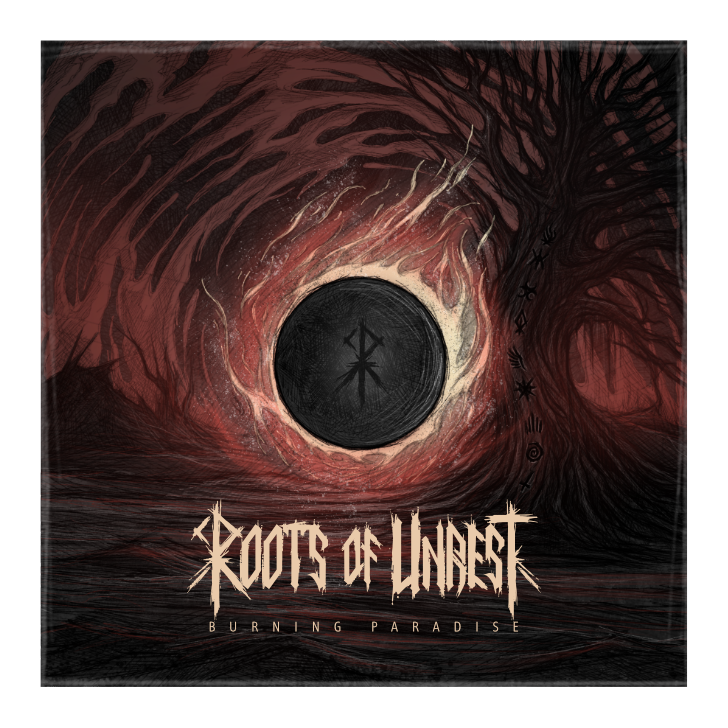 Das Albumcover zu Roots of Unrest - Burning Paradise, das eine dystopische Landschaft mit rotem Schein und einem alten, knochigen Baum zeigt