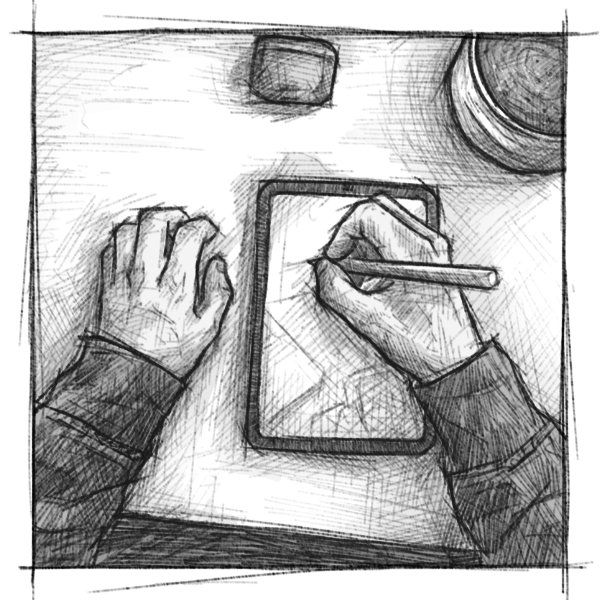 Eine skizzenhafte Illustration mit heller Farbgebung, die zwei gezeichnete Hände zeigt die mit einem Apple Pencil auf einem iPad zeichnen