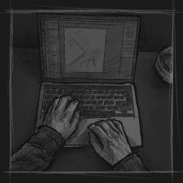 Eine skizzenhafte Illustration mit dunkler Farbgebung, die zwei gezeichnete Hände die an einem Laptop arbeiten zeigt