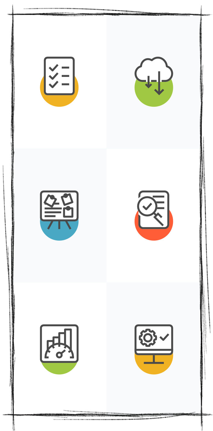 Ein Bild, dass 6 verschiedene Icons für NiNo Nachhaltigkeit in Non Profit Organisationen zeigt.